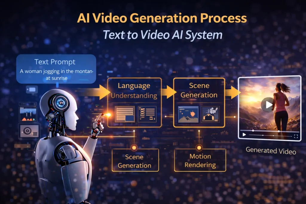 Sora AI क्या है? Text to Video AI Technology जिसने इंटरनेट पर मचाया धमाल 1 AI video generation process diagram Text to Video AI system